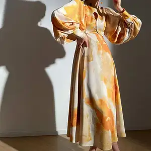2023 New Arrivals Korean Backless Boho Burnt Orange Buy Online Yellow Long Floral Color Changing Cotton Puff Casual Dress
