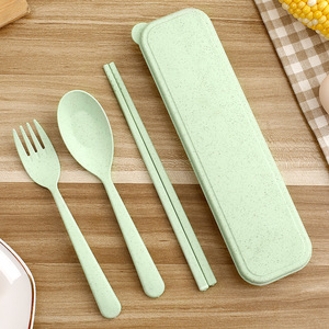 Ensemble de couverts en paille de blé, cuillère, fourchette, baguettes, portable, pour voyage et usage extérieur, étui rectangulaire multicolore - Product Image 3