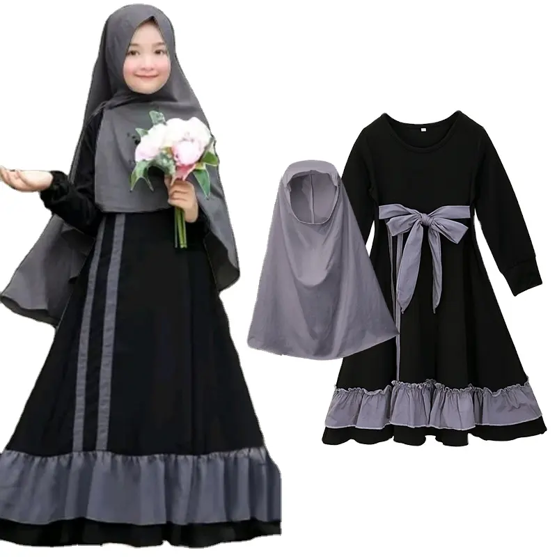 Set 2 pezzi nero preghiera Hijab Abaya foulard pieghettato bambini Abayas Eid abiti per ragazza musulmana in cotone bambini Abaya