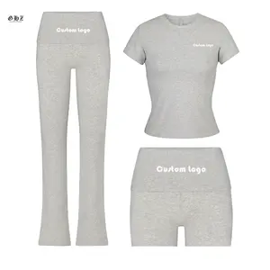 Damen Y2K 2-teiliges Pyjama-Set Pyjamas Sweatsuits gerippte lange Ärmel Knopfleiste Unterteil Oberteil und Shorts Freizeit-Schlafanzug