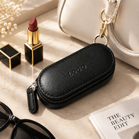 Étui à rouge à lèvres vintage en cuir PU noir avec miroir et fermeture éclair, pochette portable élégante pour baume à lèvres, trousse de maquillage pour femme pour les retouches quotidiennes