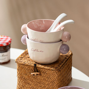 Graziosa Ciotola in Porcellana Fatta a Mano, Bicolore Rosa e Viola, con Manici a Sfera, per Frutta, Zuppa, Dessert, Yogurt, Snack, Avena, Colazione - Product Image 1