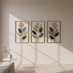 3 Pieces Set Modern Gold Framed Metal Wall Art Teal Gold Painted Leaf Branch Wall Hanging Sculpture <b>Plaque</b> Decor for <b>Home</b> Decor - Product Image 1