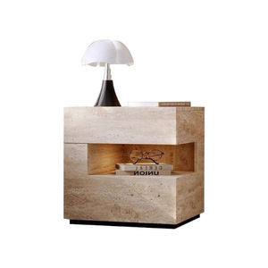 Comodino Moderno Effetto Travertino Eco-Friendly con Illuminazione LED, Tavolino da Notte in Finta Pietra, Arredamento Minimalista Nordico in Legno per Hotel - Product Image 4