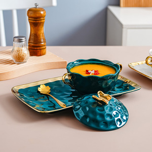 Lot de 3 Nouveaux Bols en Céramique Dorée Style Nordique avec Couvercle – Écologiques et Personnalisables – Vaisselle de Table, Plateau à Dessert et Cuillère - Product Image 4