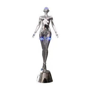 2023 새로운 디자인 여성 마네킹 장식 상점 장식품 광택 금속 표면 섹시한 로봇 펑크 여신 조각 플로어 램프