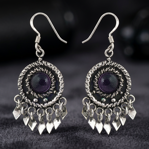 Boucles d'oreilles créoles en argent au design unique féminin avec accessoire de mode en pierre précieuse améthyste - Product Image 1