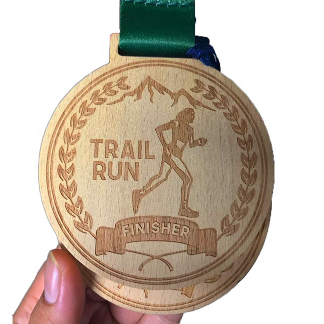 Переработанный марафон, футболка, катание на карате, дешевый заказ, чудесная Экологически чистая деревянная лазерная гравировка, деревянная медаль без рисунка с лентой