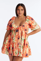 Gaun Mini Wanita Lengan Pendek Motif Bunga Elegan V-Neck Chiffon Ruffle Pinggang Alami Pesta Malam Santai Liburan Flowy