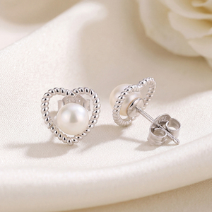 <b>Copper</b> Heart Rope <b>Frame</b> Freshwater Pearl Stud Earrings Minimalist Silver Plated Jewelry for Women - Product Image 4