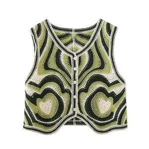 Usine D'été Dentelle Crochet Tissu Tricoté Crochet Double Couleur Top Cover Up Gilet pour les Femmes