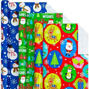 Christmas Wrapping Paper Rolls 17x120in 42.5sqft Colorful Santa Snowmen Deer Design Double Side Art Paper Gift Wrap Set - Product Image 1