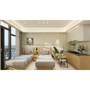 Fabricante de Foshan, Juego de Muebles de Dormitorio Doble Personalizado de Bajo Costo para Proyectos Hoteleros, con Cama de Madera, Armario, Mueble para TV y Mini Cocina - Product Image 1