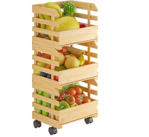 Panier <span class=keywords><strong>à</strong></span> fruits en bambou personnalisé chariot de stockage de pommes de terre et d'oignons, stockage de légumes en bois <span class=keywords><strong>à</strong></span> 3 niveaux avec roues pour sol de cuisine - Product Image 3