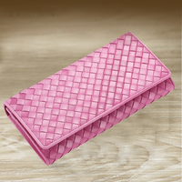 Tren Mode Baru Dompet Wanita Panjang Tenun Kulit Domba Hitam Multifungsi Tas Kulit Asli Dompet Wanita.