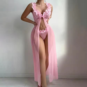 Robe de nuit princesse rose en dentelle florale résille, nuisette longue maxi une pièce, décolleté en V, ouverte sur le devant, lingerie sexy pour femme - Product Image 3