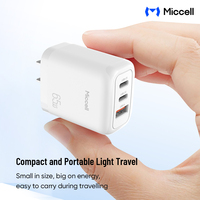 Chargeur mural Miccell 65W Type-C USB-C PD 3.0 à charge rapide 2 ports pour les voyages et l'utilisation à domicile