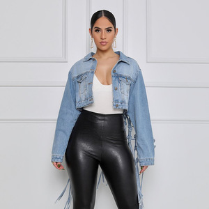 2025 Nueva chaqueta vaquera con <span class=keywords><strong>flecos</strong></span> de malla trasera para mujer, chaqueta de manga larga hueca tejida Retro para mujer - Product Image 2