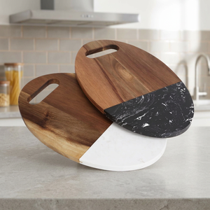 Tabla de Cortar Redonda de Madera de Acacia Hecha a Mano de Alta Calidad con Mármol Blanco, Dos Tonos, Desechable, para Cocina, con Mango de Fácil Agarre - Product Image 3