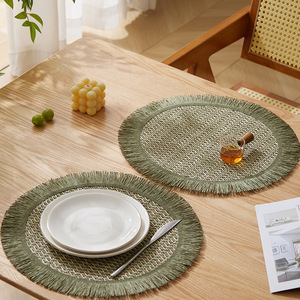 Round Woven Tassel <b>Placemat</b> With Fringe Edge Non Slip Heat Insulation Mat <b>For</b> <b>Table</b> Home Decor Beige Green Black Camel Off White - Product Image 2