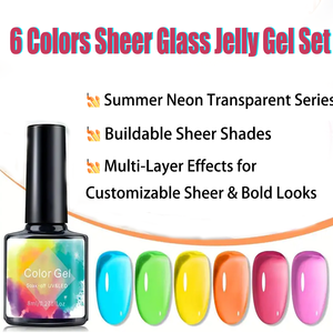 Juego de Esmaltes de Uñas en Gel Transparente de 6 Colores, Esmalte de Uñas en Gel UV/LED de Verano, Transparente, Neón, para <span class=keywords><strong>Manicura</strong></span> y Arte de Uñas - Product Image 1