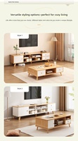 Meuble TV scandinave bicolore avec porte coulissante, rangement ouvert, pieds en bois robustes, console multimédia minimaliste pour salon