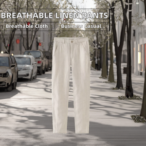 Pantalon décontracté d'affaires Edoor Wears en lin/coton respirant de haute qualité, taille ample, fermeture éclair centrale, coupe droite, longueur 7/8, pour l'automne - Product Image 2