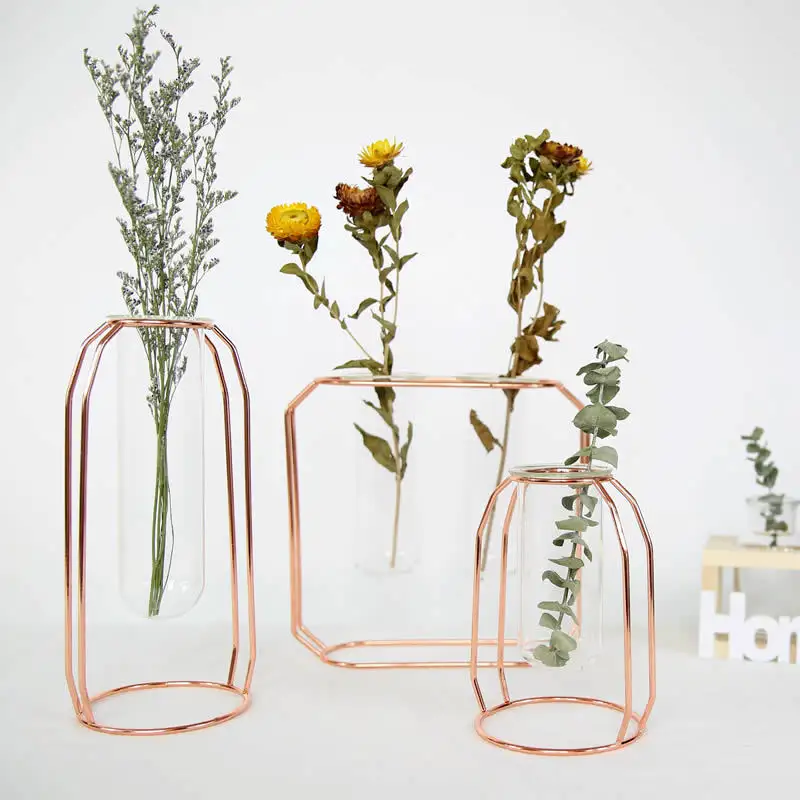 웨딩 테이블 장식 크리스탈 유리 꽃병 수경 식물 꽃병 투명 현대 장식 금속 탁상 꽃병 골드