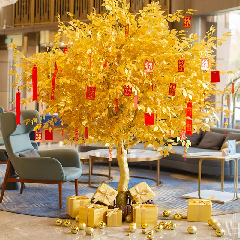 EG-G611 pohon harapan uang emas buatan, pohon keberuntungan dekorasi amplop Tahun Baru
