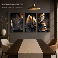 Seni Dinding Kanvas Triptych Bunga Hitam dan Emas Modern 3 Panel Cetakan Dekoratif untuk Dekorasi Ruang Tamu