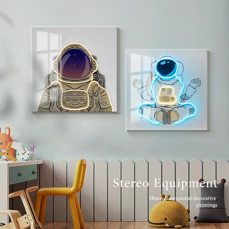 बच्चों के कमरे सजावट गहरी एक्रिलिक सार अंतरिक्ष यात्री पेंटिंग प्रकाश प्रबुद्ध 3D कलाकृति Cosmonaut दीवार कला के साथ प्रकाश का नेतृत्व किया