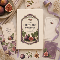 Carnet personnalisé LABON avec étiquette de fruits, couverture crème, illustration vintage de figue, pages lignées, marque-page ruban violet, journal alimentaire OEM ODM