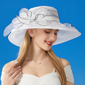 2026 MS Fancy Adult Elegant Wide Brim Church <b>Hats</b> Party Travel Outdoor Women's Flower Organza Ladies Beach Sun <b>Hat</b> - Product Image 3