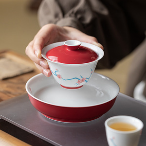 Guanlan Double Layered Covered <b>Teacup</b> Red Glaze Porcelain Plum Blossom Design Gaiwan For Kung Fu Tea Set - Product Image 3