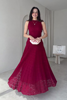 Robe longue élégante en dentelle pour femme, sans manches, col rond, coupe ajustée, style A, pour invitée de mariage