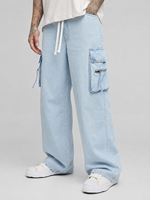 Jean baggy classique mi-lourd taille haute avec poches sur les cuisses, délavage Monkey, pantalon cargo 6 poches, coupe ample pleine longueur, été