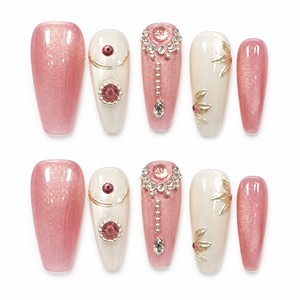 Uñas Postizas con Brillo Rosa y Blanco, Gel UV, Diseño Floral con Cuentas de Cristal, para Salón o Uso Personal - Product Image 1
