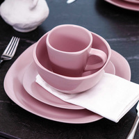 Service de table en grès de 16 pièces, rose pâle, assiettes carrées à bordure, bols, tasses, passe au micro-ondes, céramique à glaçure unie