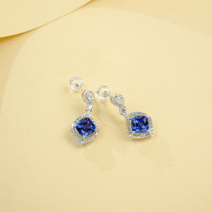 925 Sterling <b>Silver</b> Cushion Cut Lab Created Sapphire Drop <b>Earrings</b> with Halo CZ Accents - Product Image 3