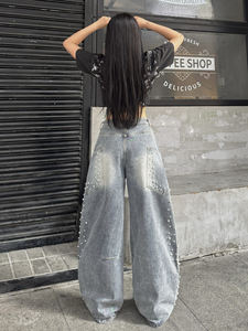 Jeans à jambes larges et droites pour femmes, ornés de diamants, pantalons de style streetwear pour femmes, vente en gros à bas prix - Product Image 6