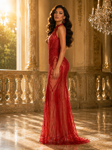 Abito a colonna elegante senza maniche con <span class=keywords><strong>tulle</strong></span> <span class=keywords><strong>trasparente</strong></span> e decorazioni verticali di perline. - Product Image 3