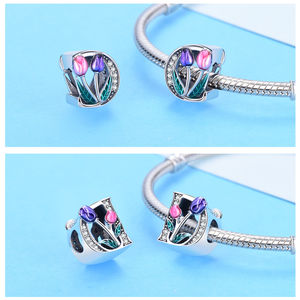 Capital Letter A-Z <strong>Charm</strong> 925 Sterling Silver Pink Purple Tulips Letter Enamel Initial Bead Alphabet <strong>Charm</strong> for Original Bracelet - Product Image 4