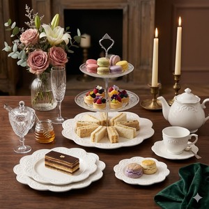 ชุดจานรองอาหารแต่งงานสีขาวลายดอกไม้หรูหรา จานเซรามิกตกแต่งลูกปัดแบบวินเทจ ชุดจานอาหารค่ำพอร์ซเลนลายนูน - Product Image 4