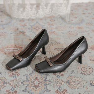 Genuine Leather Square Toe Mary Jane Pumps With Bow <b>Decoration</b> Block Heel Slip-On High Heeled Shoes For Women All Seasons Pumps - Product Image 1