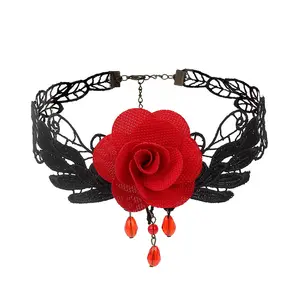 女性蒸汽朋克万圣节饰品黑色串珠花朵性感蕾丝脖子项链复古流苏链哥特式项链