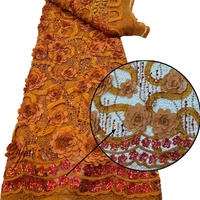 Tissu en dentelle brodée de fleurs 3D lourdes et perlées, avec sequins, en tulle maillé de luxe 100% polyester, pour accessoires de robes de soirée et textile de maison