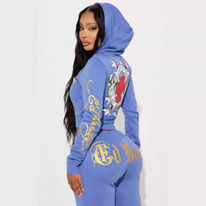 Ensemble 2 pièces streetwear pour femme, automne, comprenant un crop top à capuche zippé et un pantalon de survêtement coupe skinny, imprimé graphique, décontracté, grande taille, coupe courte - Product Image 2