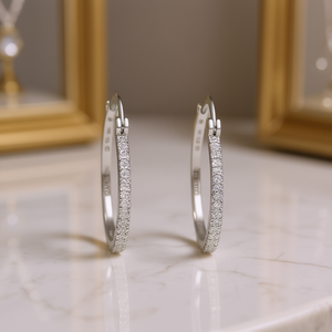 Orecchini a Cerchio in Argento 925 Placcato Oro Bianco con Cristalli e Micro Inserti di Strass per Donne, Modello Classico per Uso Quotidiano E3205 - Product Image 2