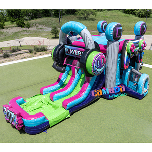 Château gonflable commercial d'extérieur avec toboggan, combo gonflable géant sur le thème du <span class=keywords><strong>DJ</strong></span>, château gonflable avec toboggan aquatique - Product Image 4