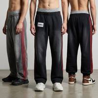 Pantalon droit personnalisé pour homme, style streetwear, taille haute, double taille, délavé à l'acide, à rayures latérales, effet vieilli vintage, coupe ample
